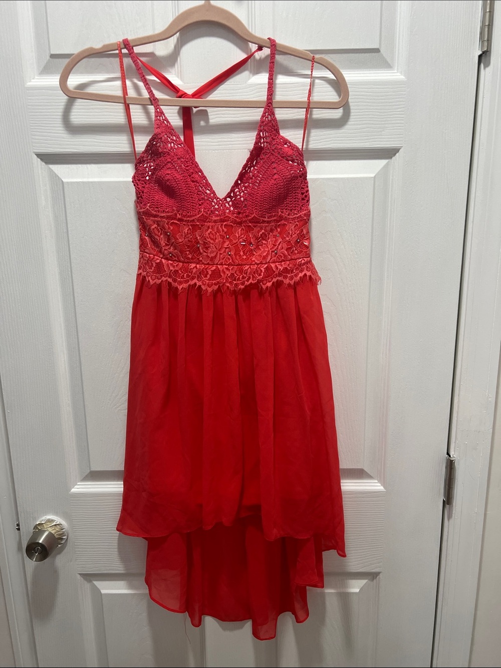 Red Lace Bodice Asymmetrical Dress with Crochet Detail